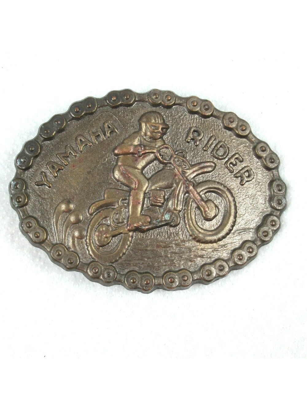 Vintage 1970s Yamaha Rider Motorcycle Metal Belt Buckle Oval Drive Chain Edge
